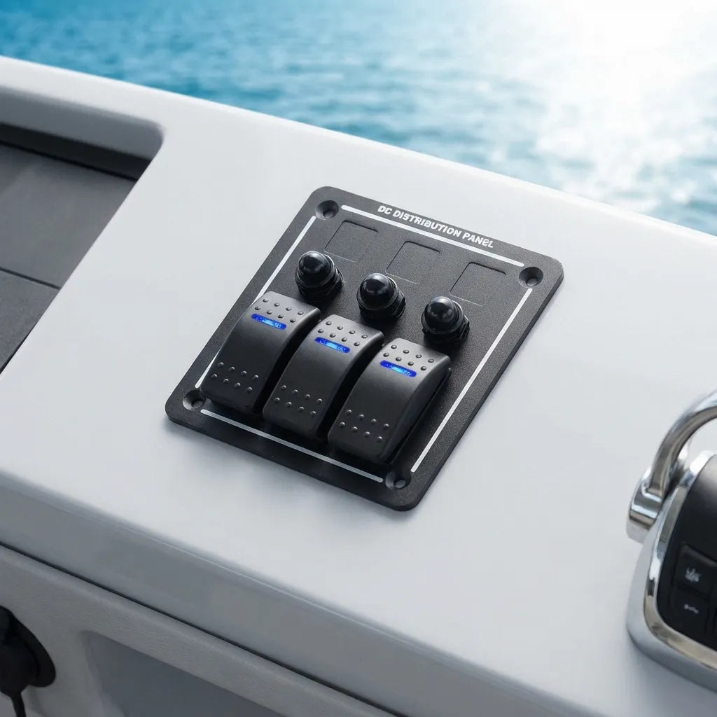 Close-up of the 3-gang switch panel installed on the white fiberglass dashboard of a boat helm near the throttle controls.