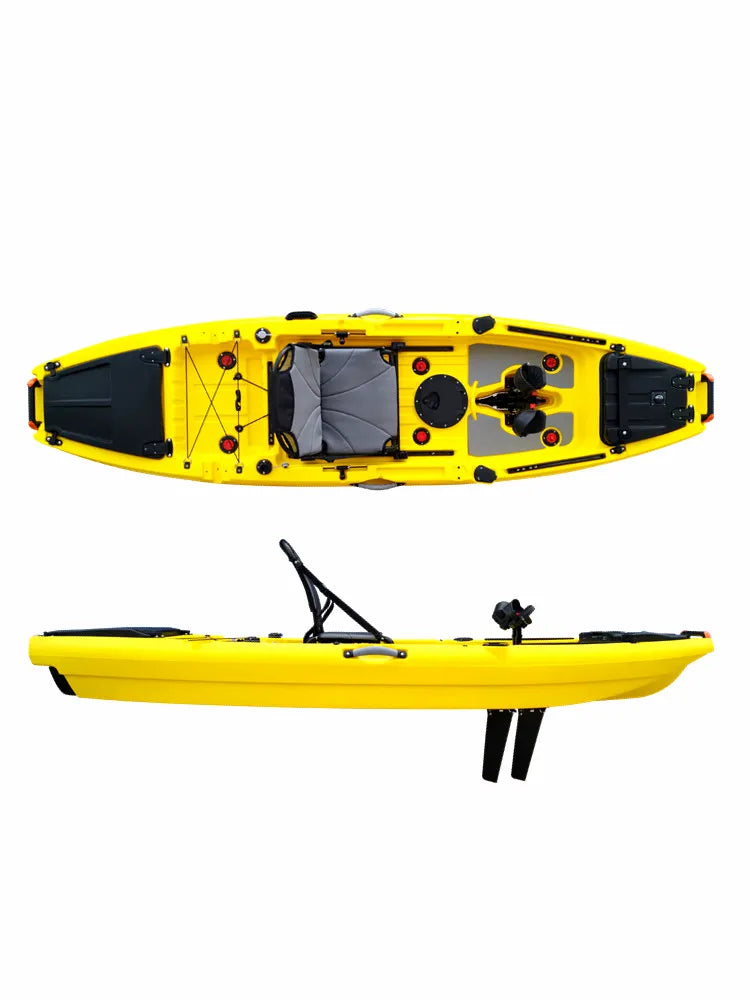 Top and side views of the 3-Meter Yellow Penguin Pedal-Powered Fishing Kayak, showcasing rotomolded HDPE hull and complete deck layout.
