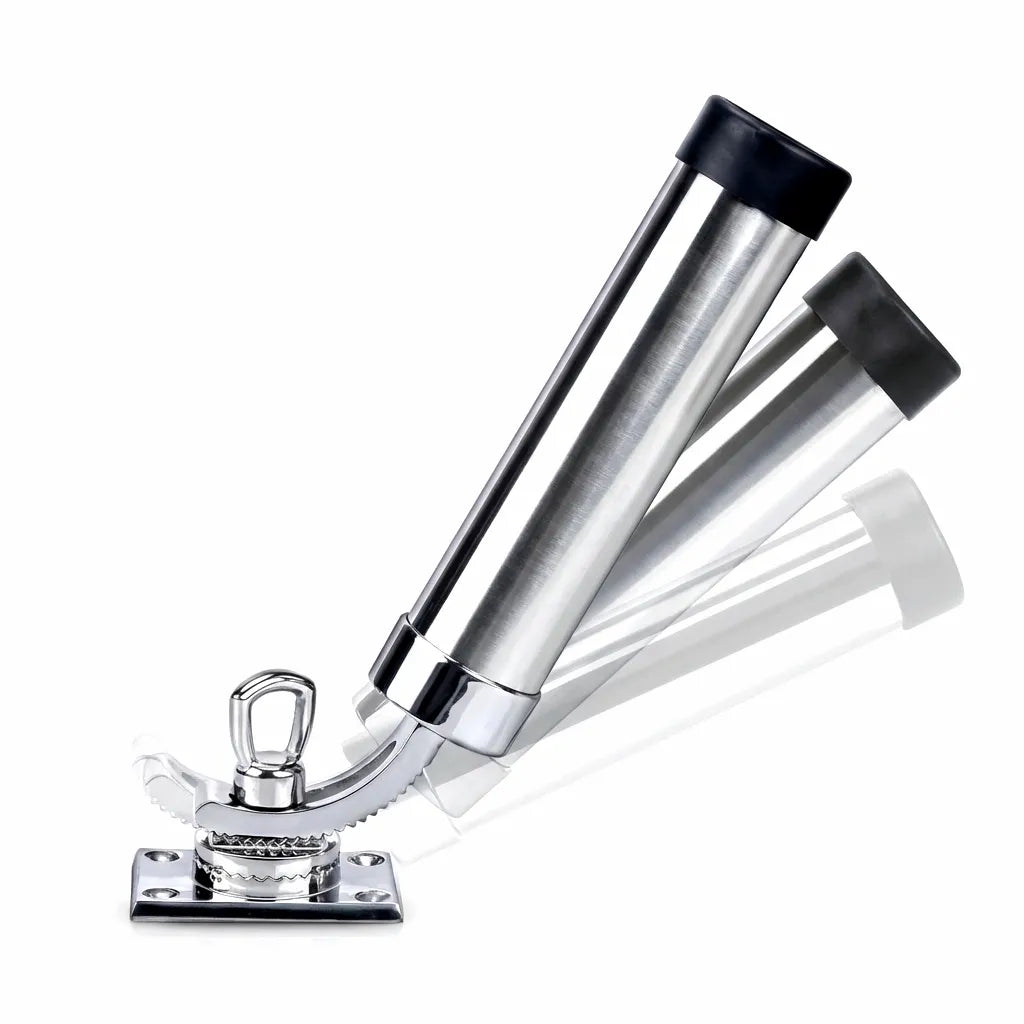 Hero shot of AirowMarine 316 Stainless Steel Rod Holder with ghosting effect showing 80-degree vertical tilt range and 360-degree rotation capabilities on a white background.