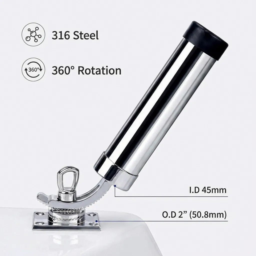 Close-up technical diagram showing 45mm internal diameter and 50.8mm (2-inch) outer diameter of the stainless steel tube.