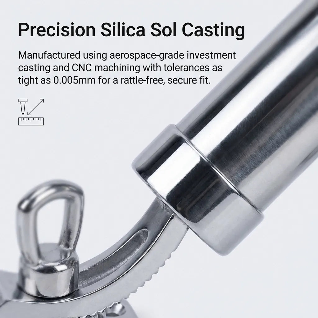 Close-up detail of the silica sol investment casting joint showing CNC machining precision with tolerances of 0.005mm for rattle-free operation.
