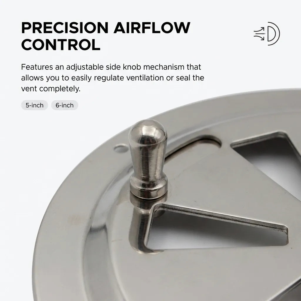 Close-up detail shot of the adjustable side knob on the stainless steel vent used for precision airflow regulation and sealing.