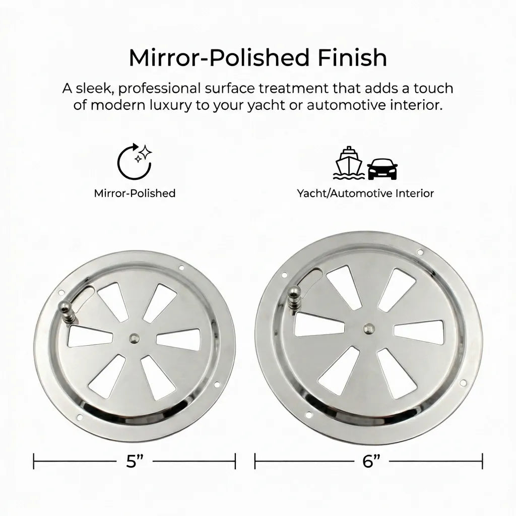 Infographic showcasing the mirror-polished surface treatment suitable for high-end yacht and automotive interior ventilation applications.