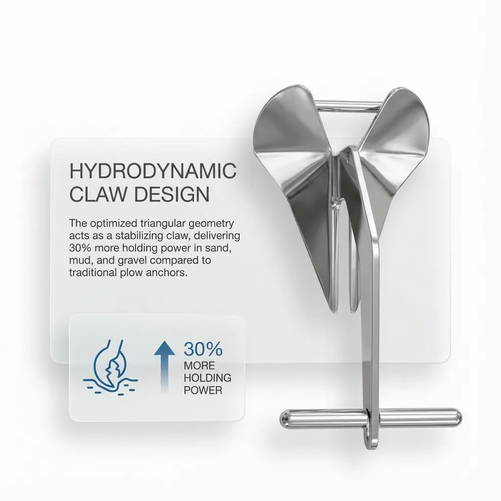Infographic illustrating the hydrodynamic triangular geometry of the claw design, claiming 30% more holding power in sand, mud, and gravel.