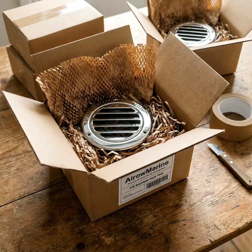 Close-up of a 316 stainless steel circular louvered deck vent in eco-friendly honeycomb paper packaging with AirowMarine shipping label.