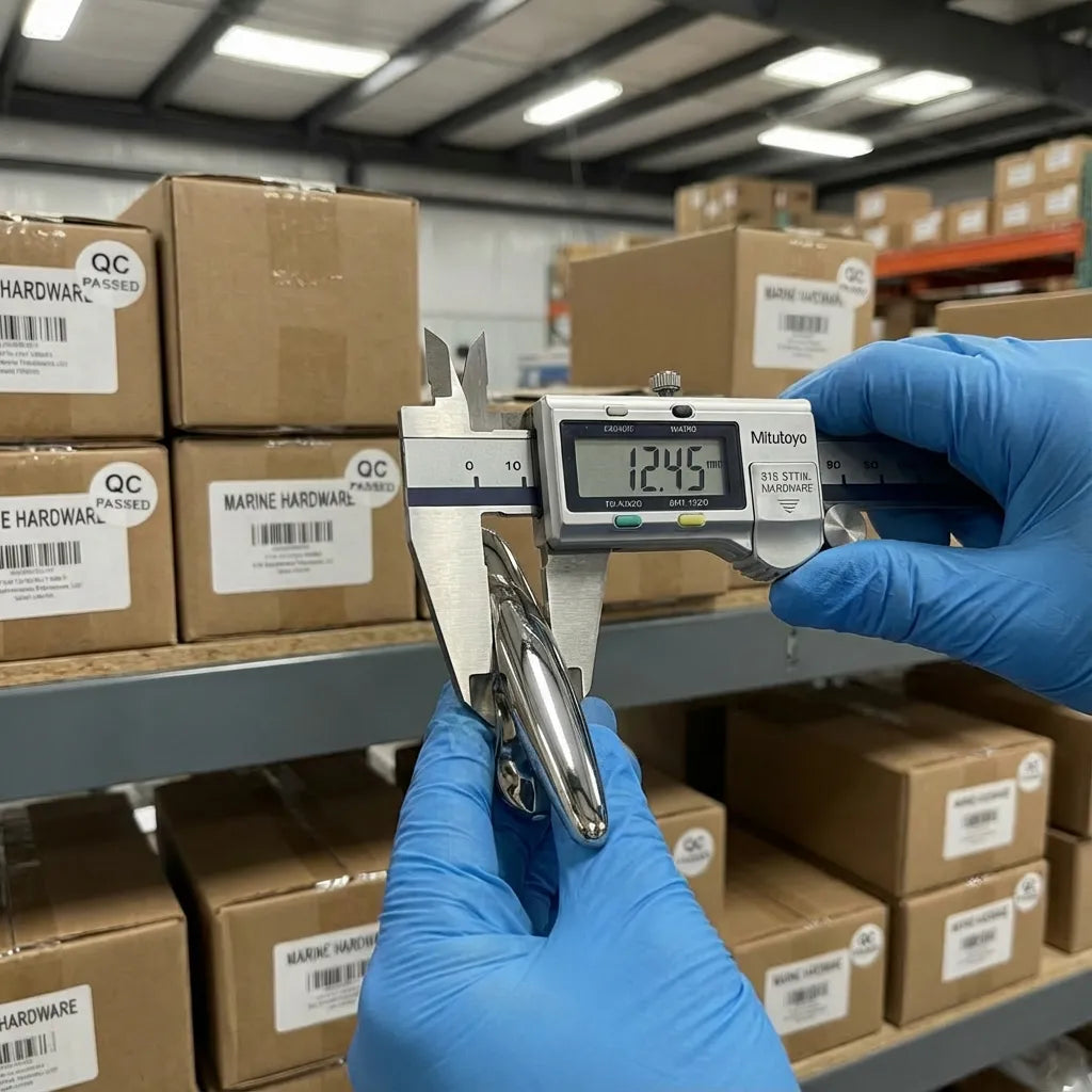 Technical quality control inspection showing a Mitutoyo digital caliper measuring a polished marine fitting at 12.45mm precision.