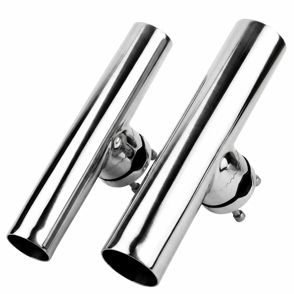 Dual 316 marine-grade stainless steel fishing rod holders with mirror polish finish on a white background.