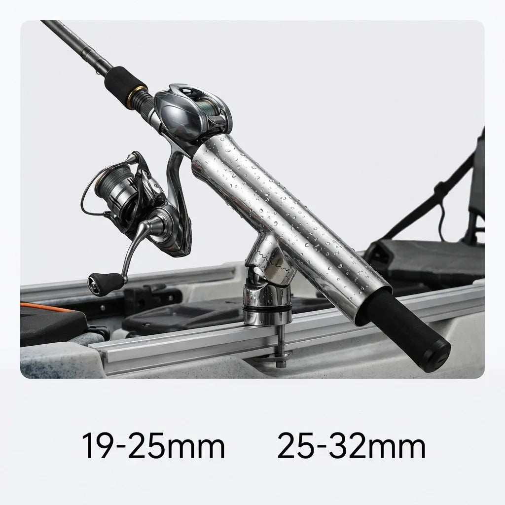 Action shot of a baitcaster reel and rod secured in a mirror-polished stainless steel holder mounted on a kayak rail.