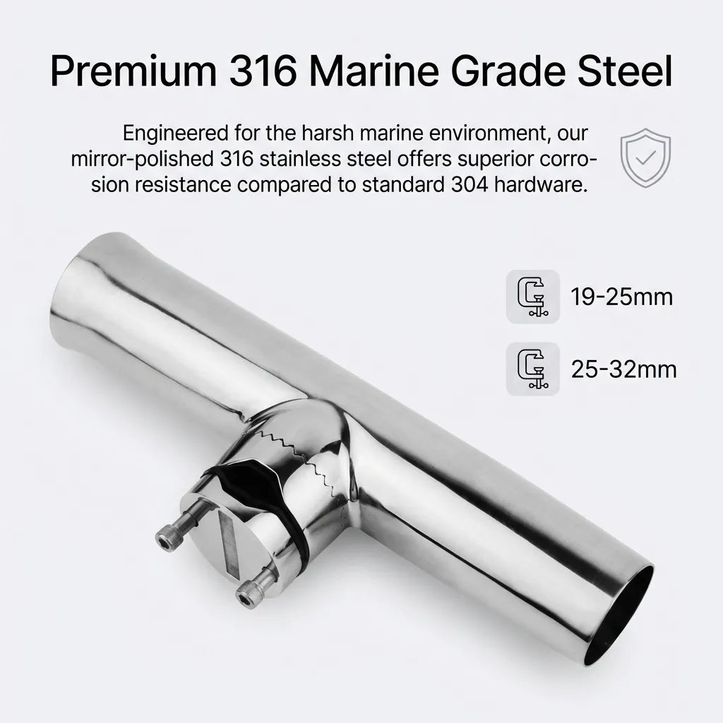 Infographic highlighting 316 marine-grade steel construction with clamp size variations for 19-25mm and 25-32mm rails.