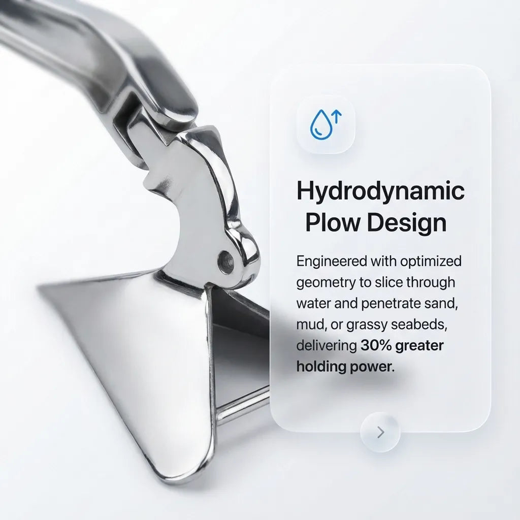 Technical diagram of the hydrodynamic plow design showing optimized geometry for 30 percent greater holding power in sand and mud.
