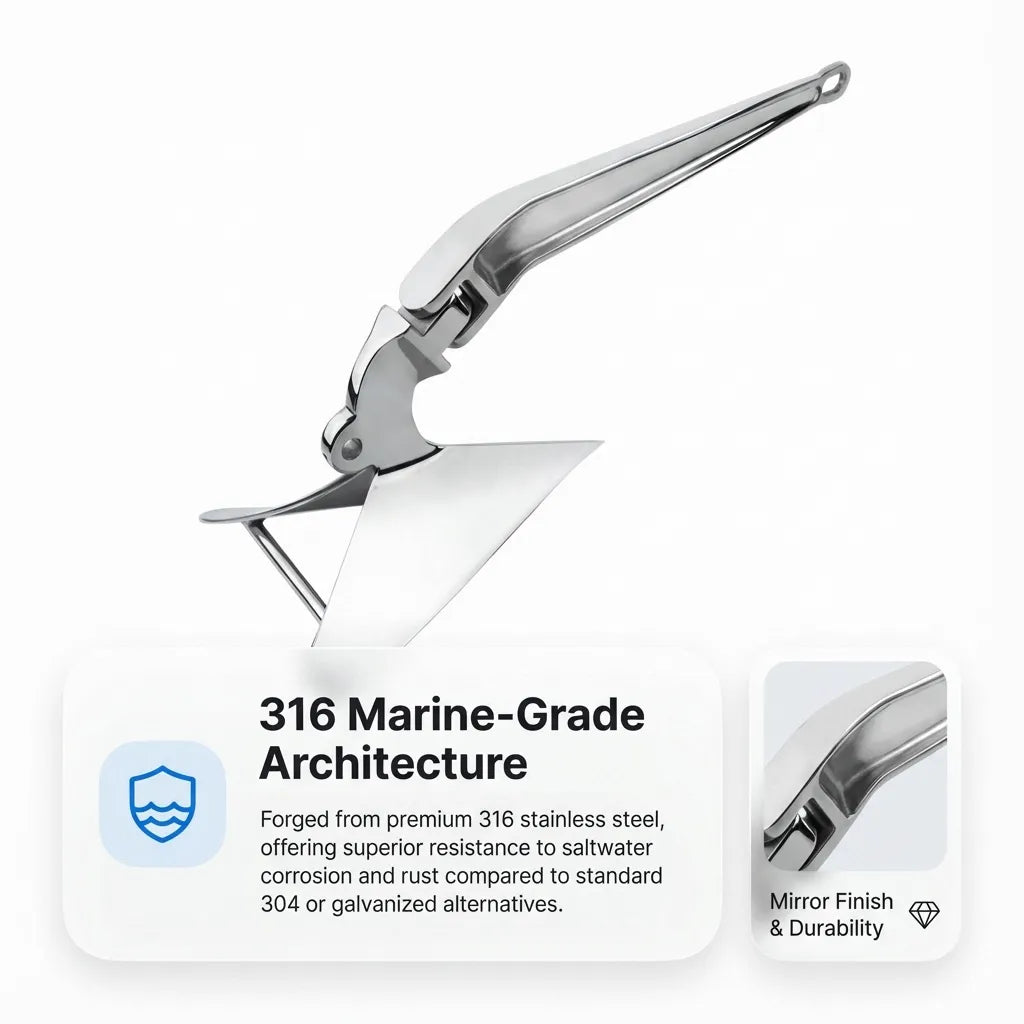 Infographic detailing the 316 marine-grade stainless steel architecture of the anchor, highlighting superior saltwater corrosion resistance.