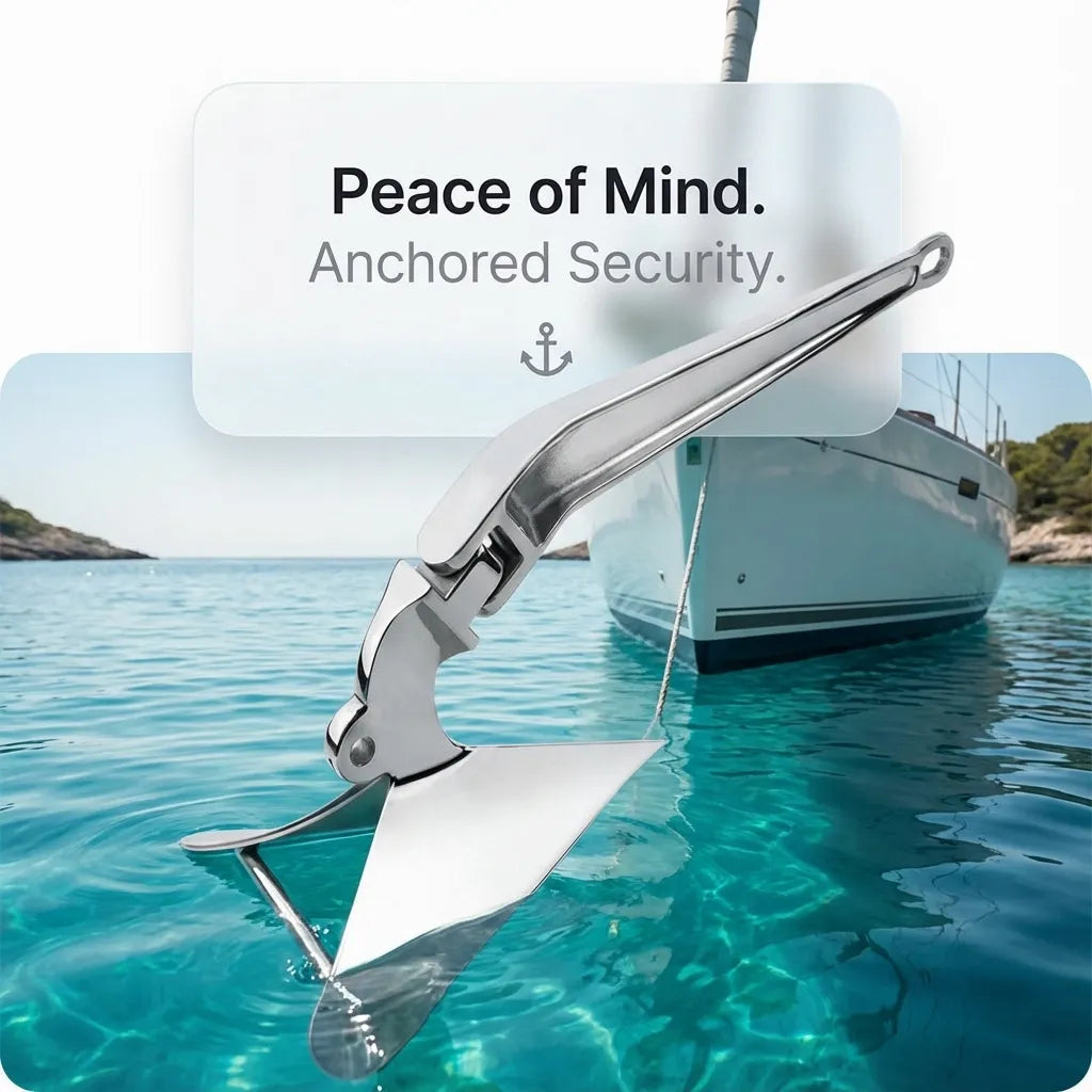 A sailboat anchored in clear blue water representing the security and peace of mind provided by a 316 marine-grade plow anchor.