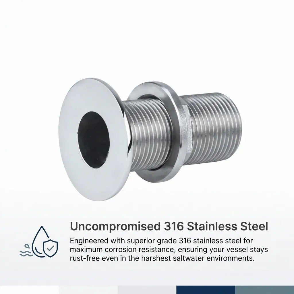 Infographic highlighting the uncompromised 316 stainless steel construction for maximum corrosion resistance in harsh saltwater environments.