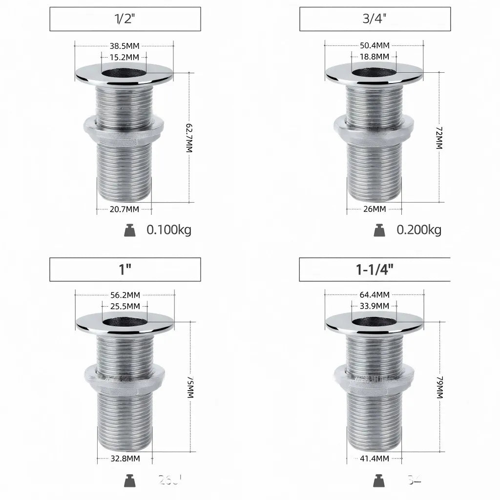 Technical dimension chart showing 1/2 inch, 3/4 inch, 1 inch, and 1-1/4 inch sizes with precise millimeter measurements for flange and body.