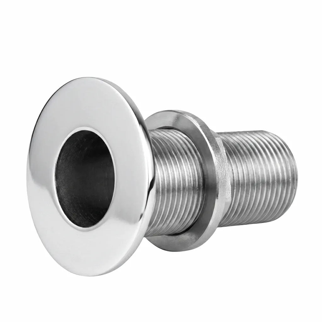 Main hero shot of an AirowMarine 316 Stainless Steel Thru-Hull Outlet Fitting with high mirror polish finish on a pure white background.