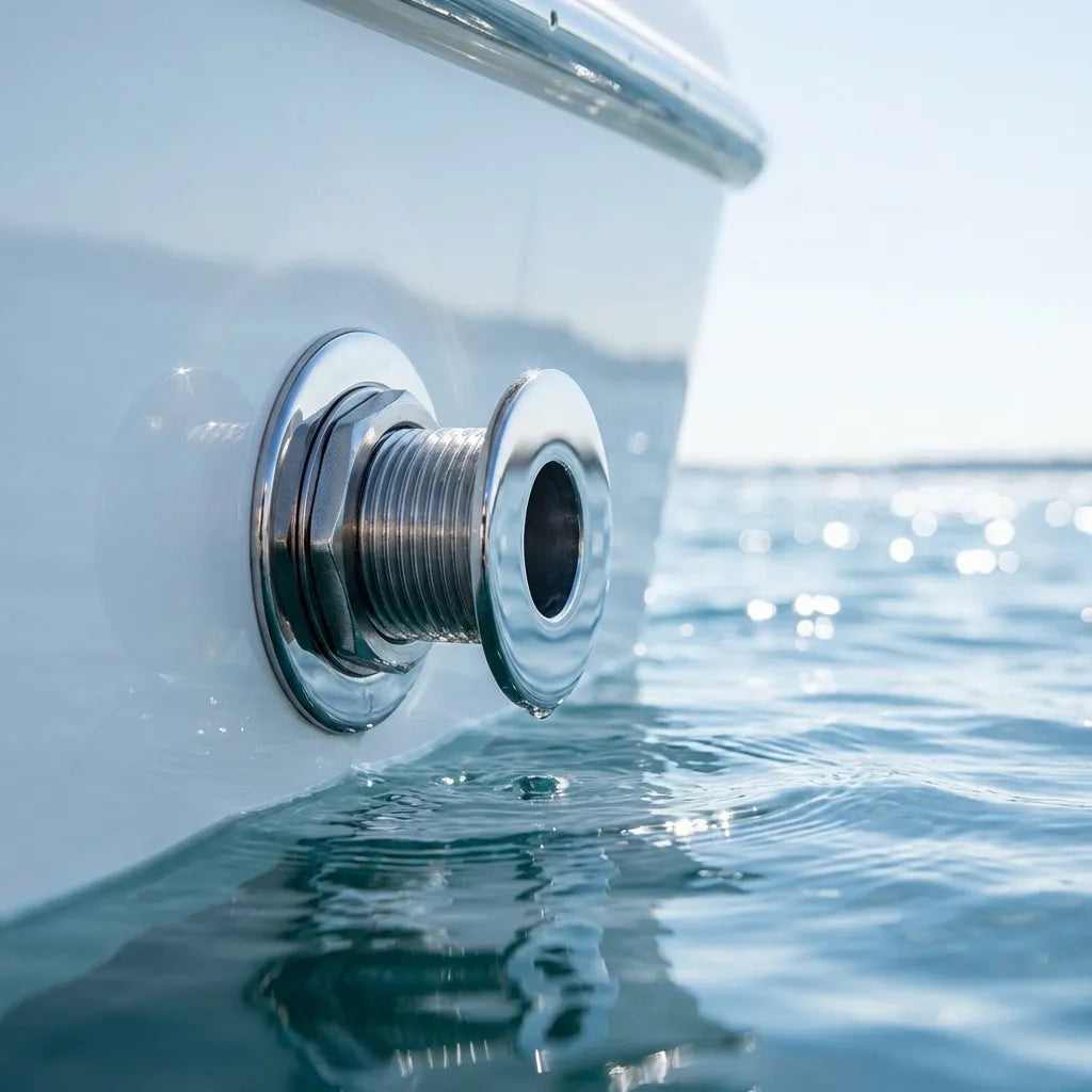 Lifestyle view of the stainless steel thru-hull fitting installed on a white boat hull at the waterline, reflecting ocean waves.