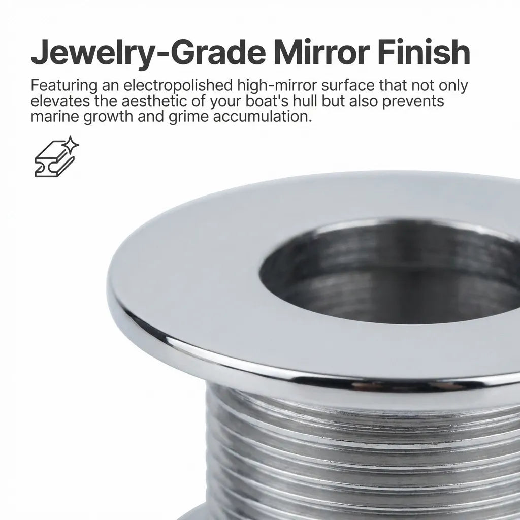 Extreme close-up focusing on the electropolished jewelry-grade mirror finish that prevents marine growth and grime accumulation.