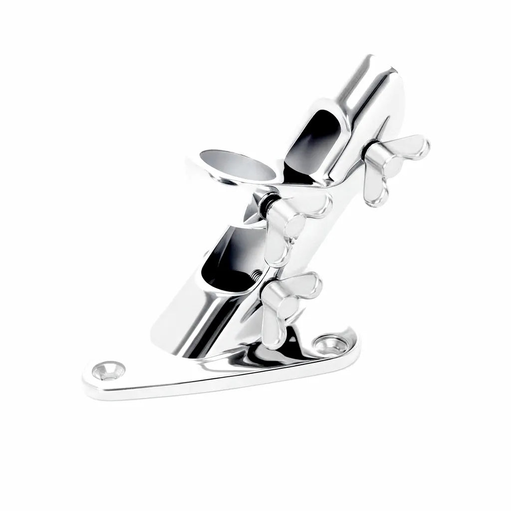 Mirror-polished 316 stainless steel marine flagpole and antenna base mount with adjustable thumb screws, isolated on a pure white background.