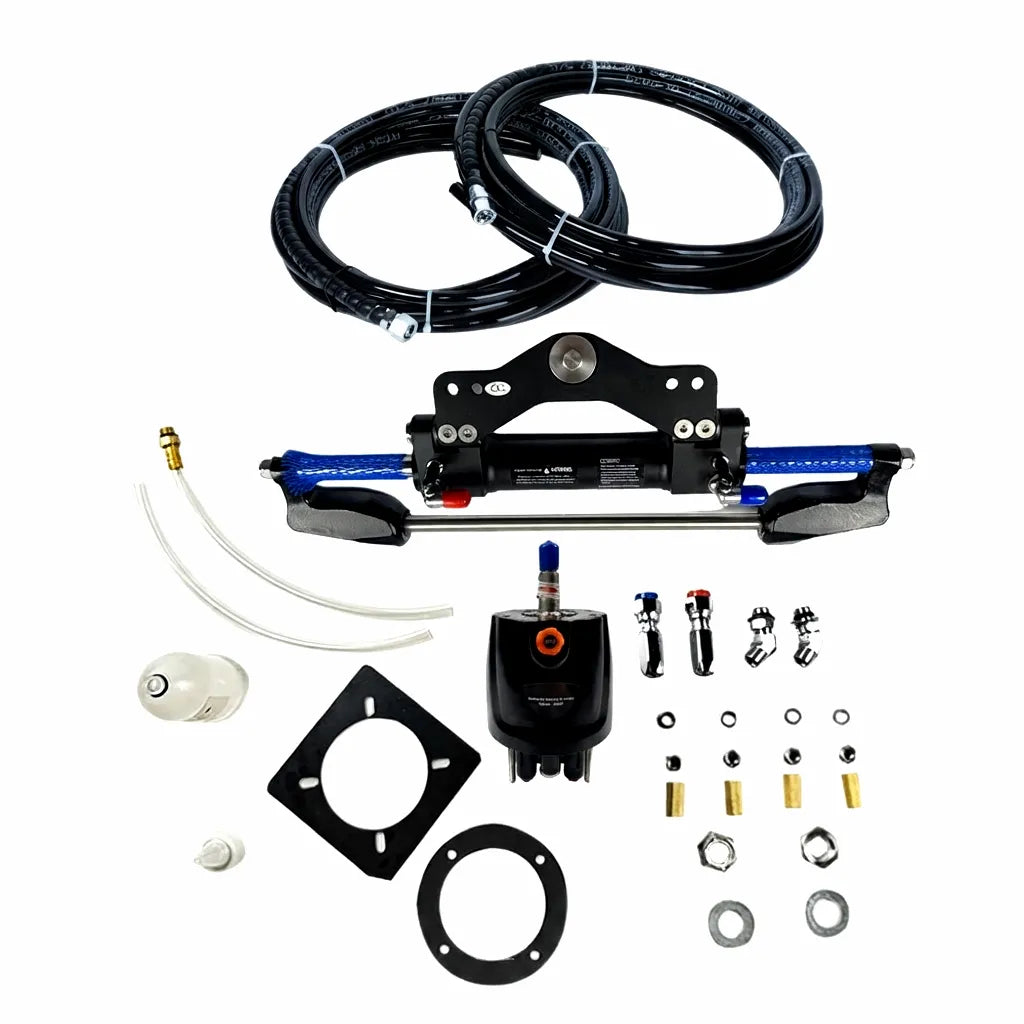Complete AirowMarine 350HP outboard hydraulic steering system components on white background, including black high-pressure hoses, hydraulic cylinder, helm pump, mounting bracket, filler kit, and stainless steel fasteners.