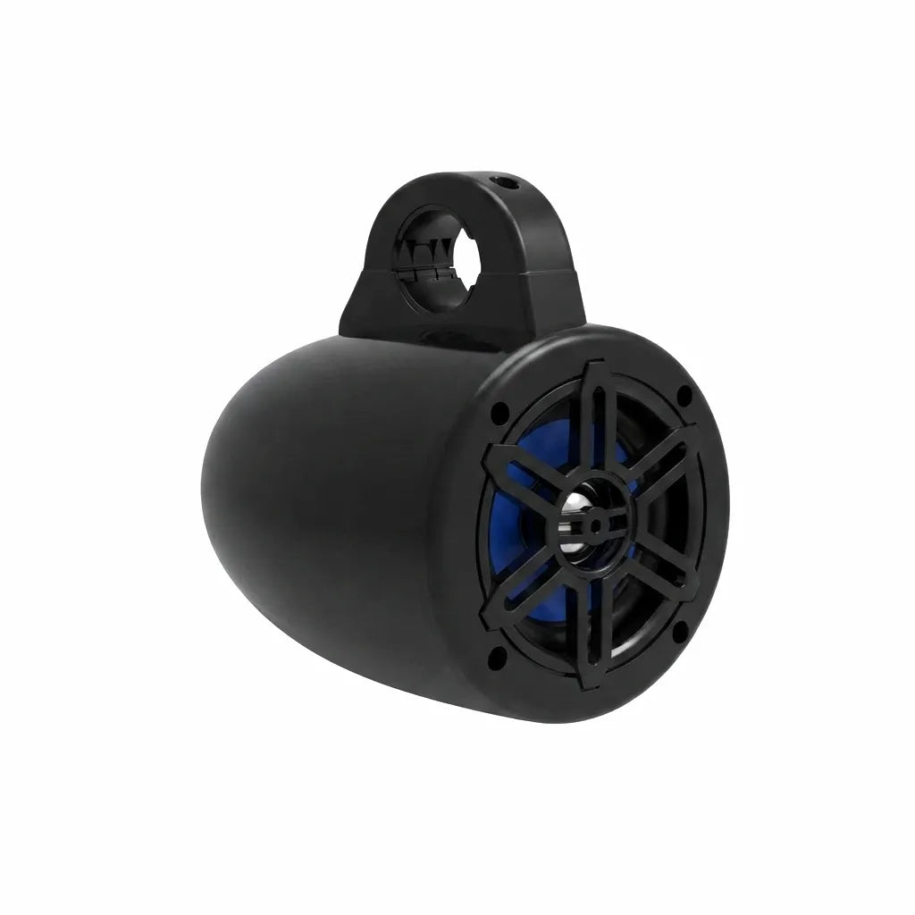 AirowMarine 4-inch 2-way marine wakeboard tower speaker featuring a durable, UV-stabilized matte black ABS enclosure with integrated blue-accented grill design and adjustable mounting bracket.