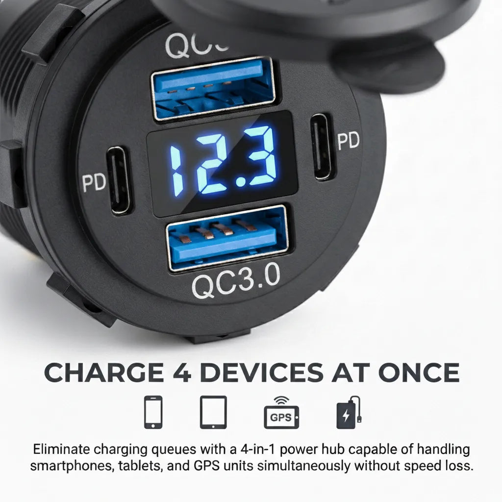 Infographic demonstrating the ability to charge 4 devices at once including smartphones, tablets, and GPS units without speed loss.