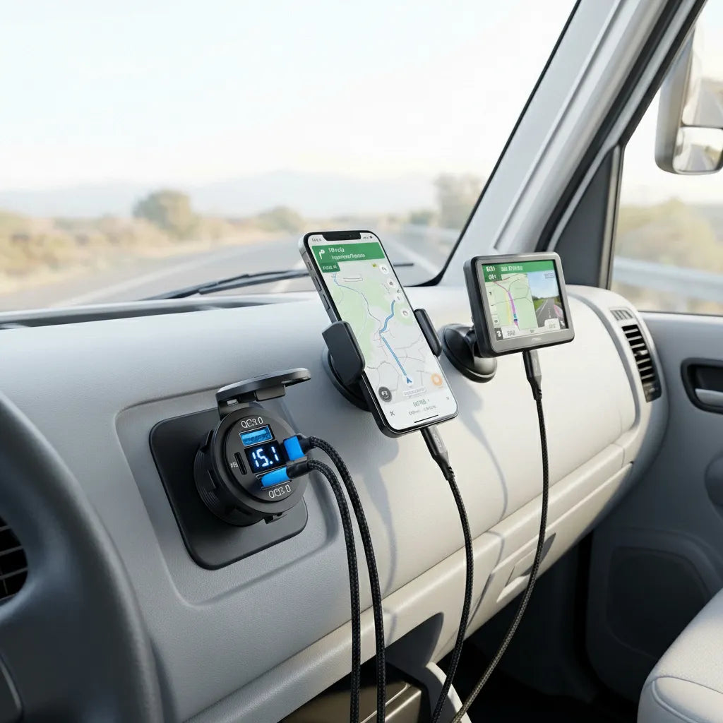 Lifestyle shot of the 4-port USB outlet installed in an automotive dashboard powering a smartphone and GPS unit simultaneously.