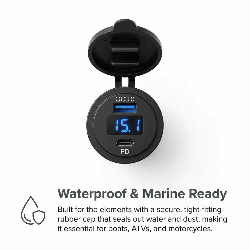 Infographic focusing on the waterproof and marine-ready construction with a secure rubber cap for boats and ATVs.