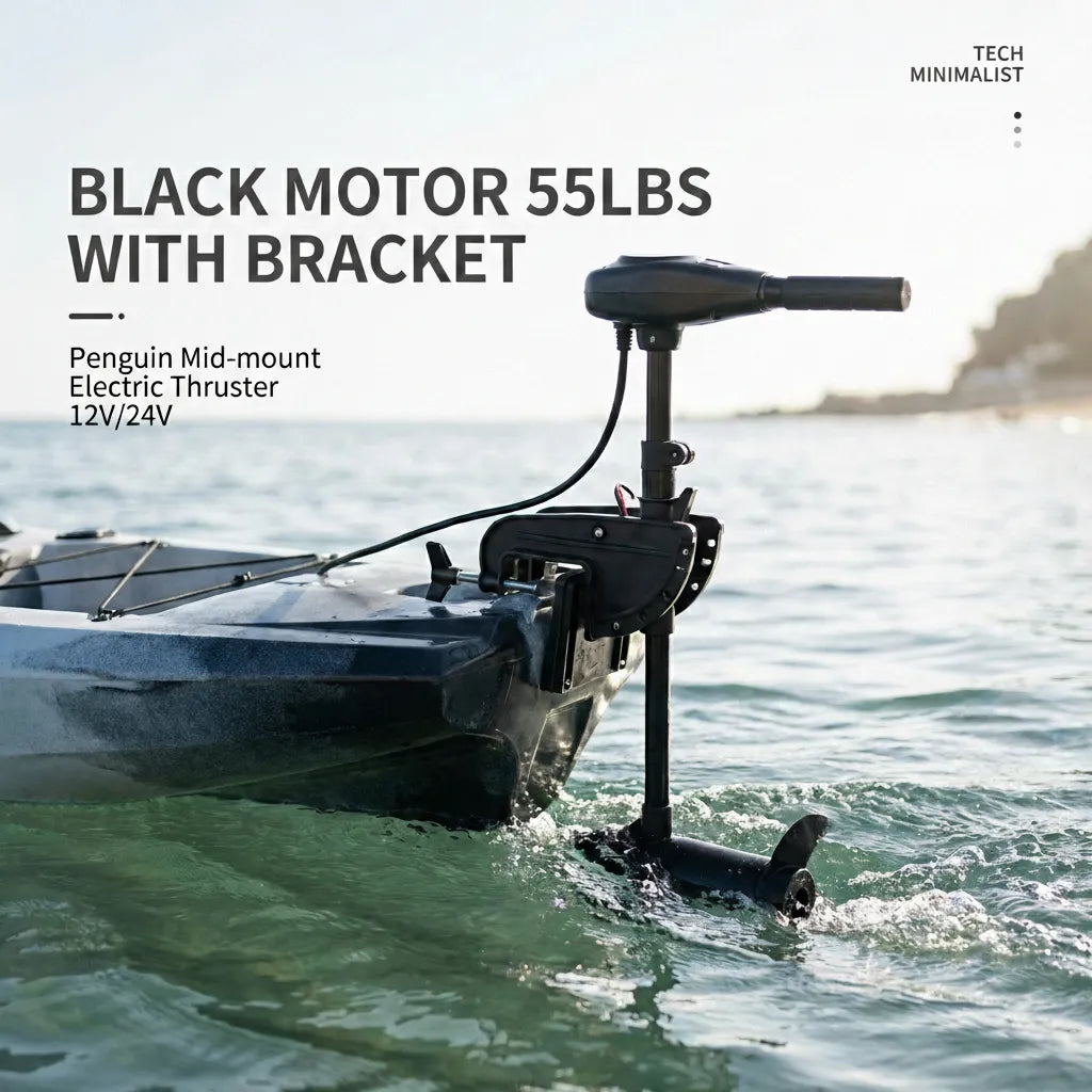 The electric outboard thruster powering a kayak through saltwater waves, highlighting its durable marine-grade construction.