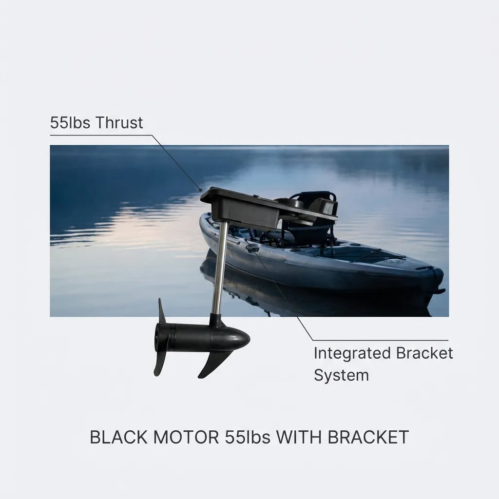 Close-up of the black 55lbs thrust electric motor mounted on a grey fishing kayak in a calm lake setting.