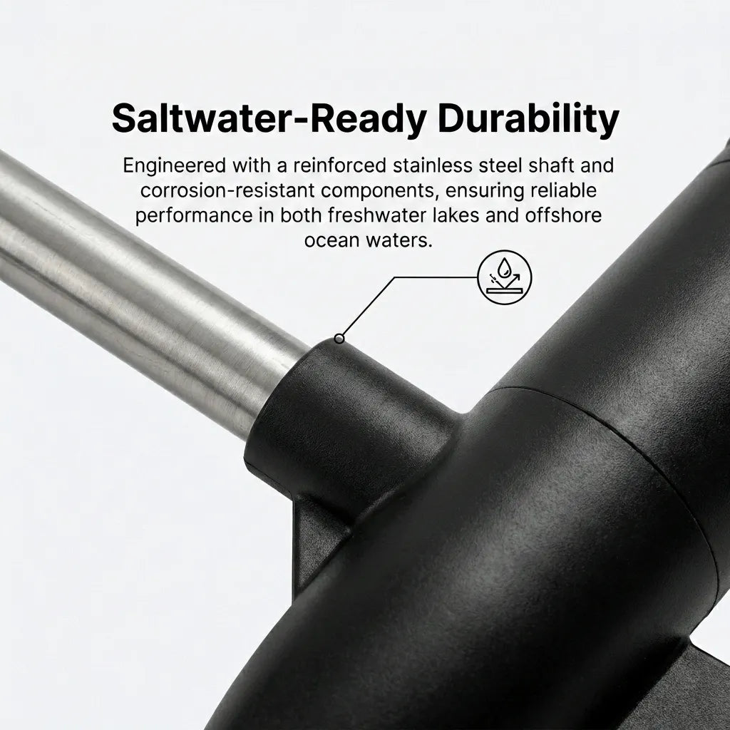 Macro shot of the reinforced stainless steel shaft showing the precision-fit seal and high-grade metal finish for saltwater durability.