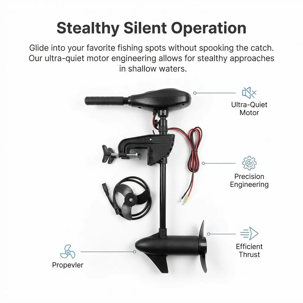 Diagram explaining the stealthy silent operation features including the ultra-quiet motor engineering and efficient 3-blade propeller.
