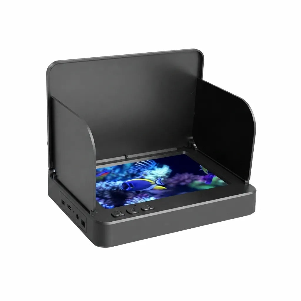 AirowMarine 5-inch HD fish finder display with foldable sun visor, showing vivid underwater scenery and marine life