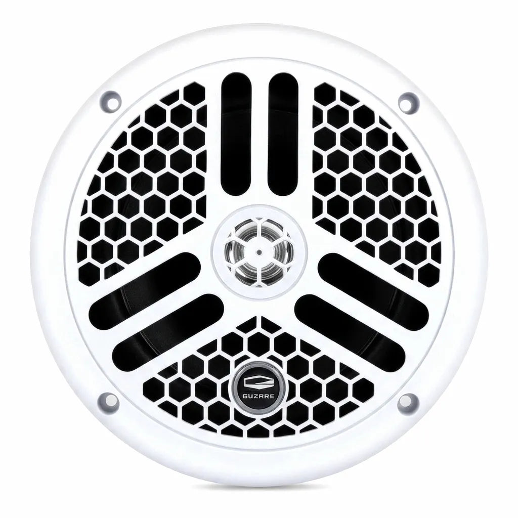 Guzare 6.5 inch marine grade waterproof coaxial speaker featuring a UV-stabilized white honeycomb grille and integrated PEI dome tweeter.