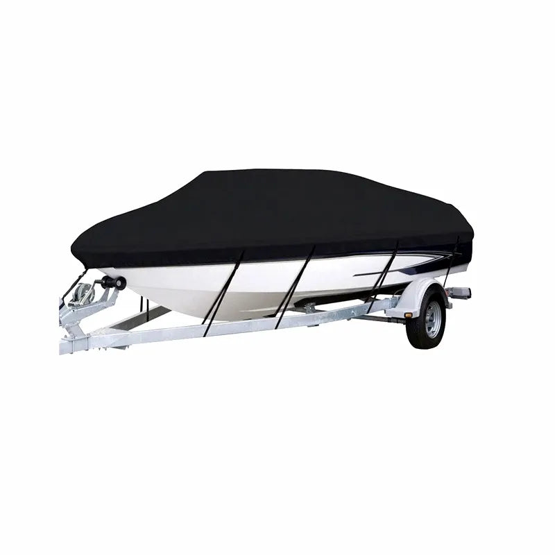 AirowMarine heavy-duty black trailerable boat cover fitted securely on a v-hull runabout boat on a trailer against a solid white background.