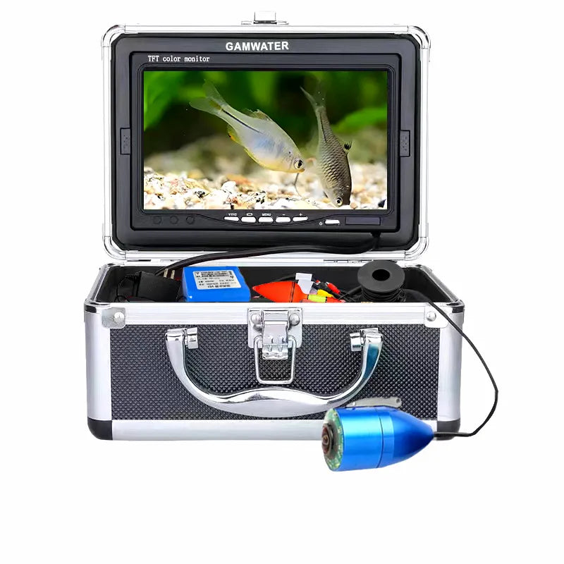 AirowMarine 7-Inch HD Underwater Fishing Camera Kit with monitor displaying two fish, blue camera with LED lights, and accessories in a rugged aluminum carry case, perfect for ice and saltwater fishing.