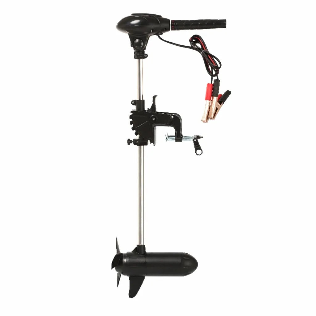 Black 90lb thrust electric trolling motor with propeller, 81cm alloy shaft, adjustable clamp mount, and battery clips against a white background.