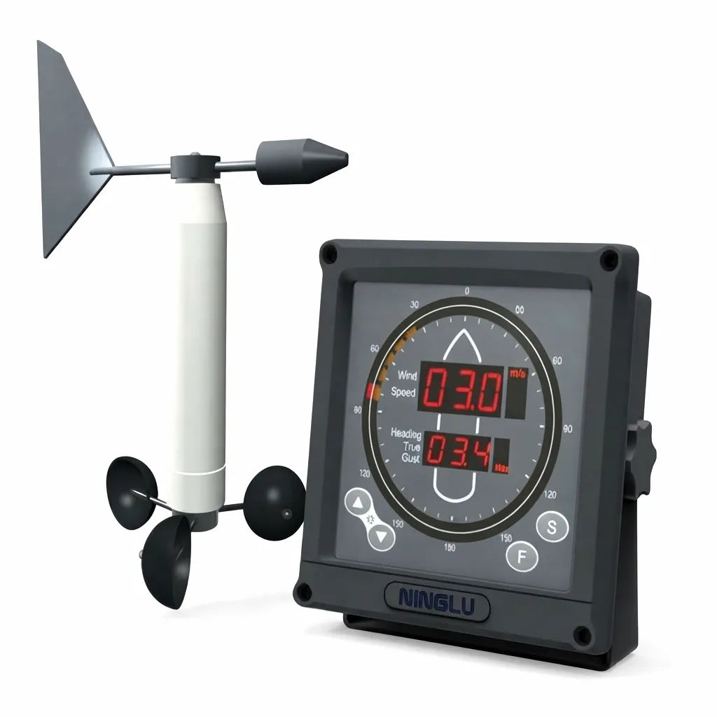 AirowMarine AM706 marine anemometer and wind direction sensor with digital display showing wind speed, heading, and gust data.