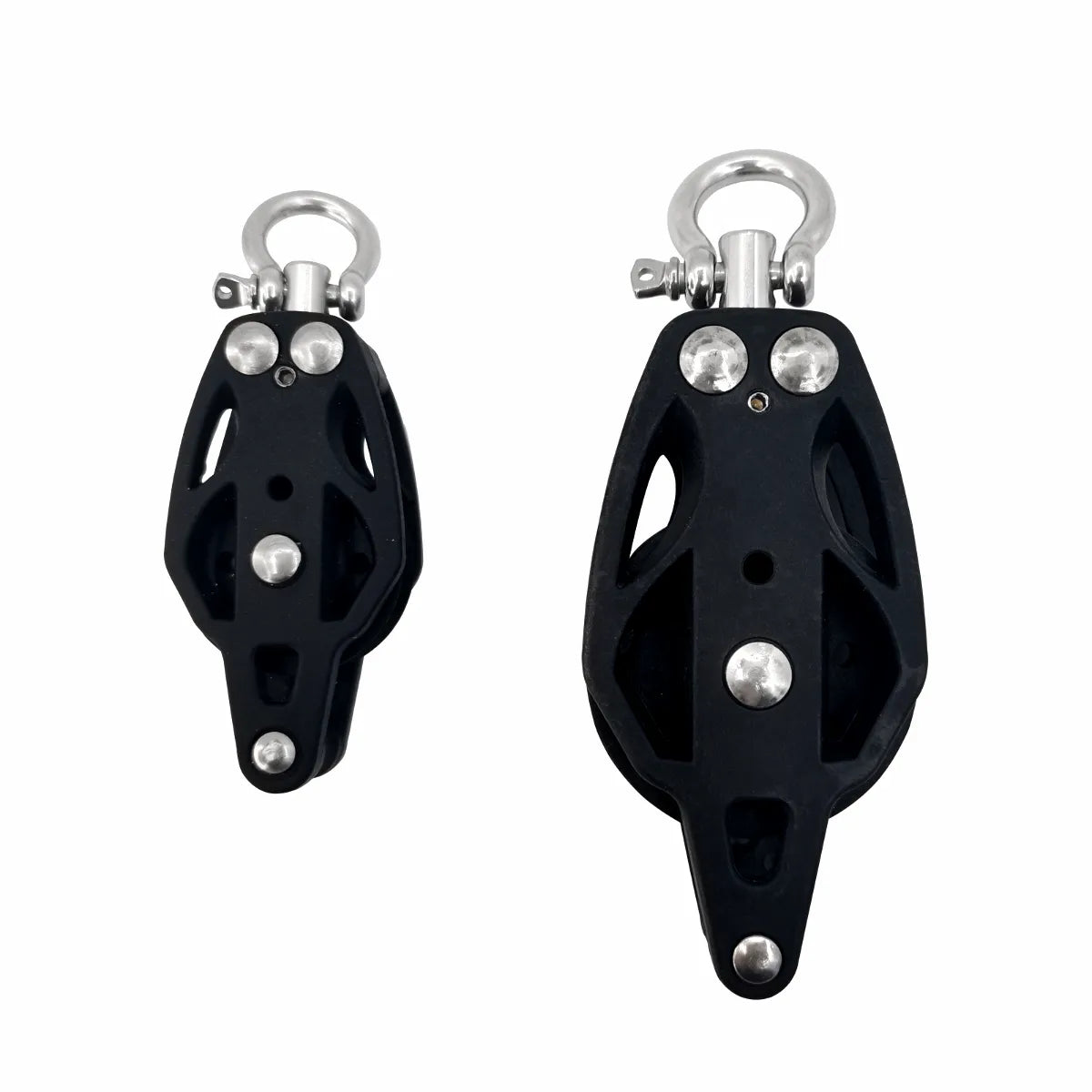 Pair of high-performance black nylon sailing pulleys with 316 marine-grade stainless steel shackles, designed for low-friction rope applications on sailboats and yachts.