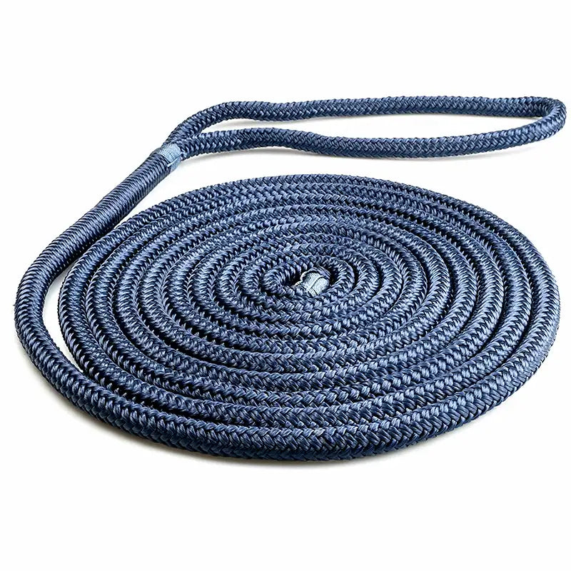 Premium marine-grade double-braided nylon mooring rope, tightly coiled on a pure white background, featuring a professionally spliced eye at one end.