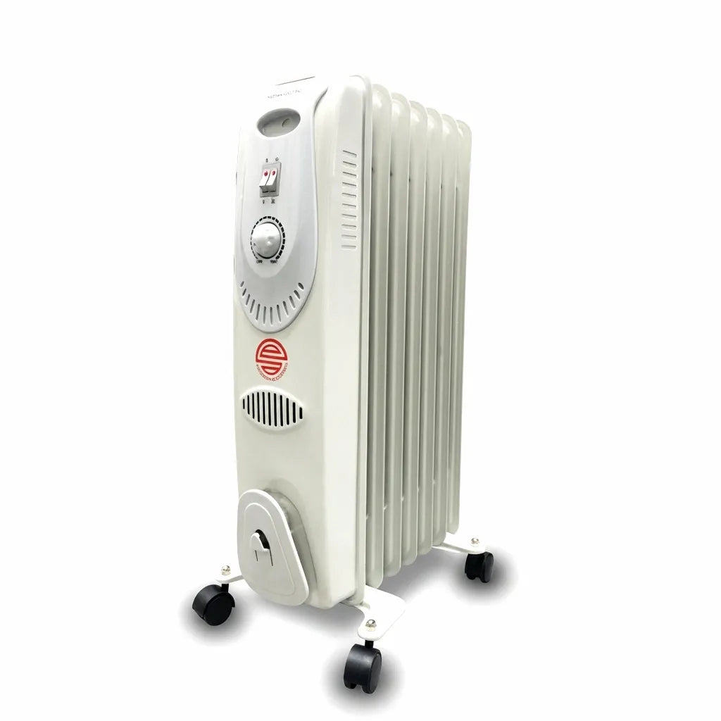 AirowMarine 7-Panel Oil-Filled Electric Radiator Heater, 110V/220V Dual Voltage, with humidifying tank and control panel, white finish on castor wheels.