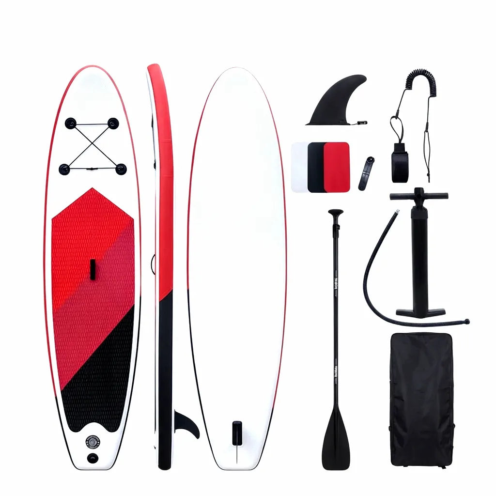 AirowMarine Explorer 10'6" Inflatable Stand Up Paddleboard package with red and black deck pad, adjustable fiberglass paddle, high-pressure pump, coiled ankle leash, removable central fin, repair kit, and durable travel backpack on a white background. Front, side, and rear views of the board are shown.