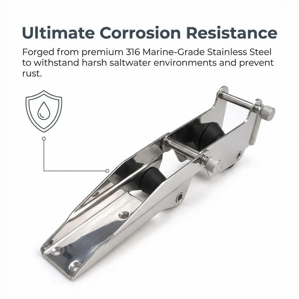 Infographic highlighting the ultimate corrosion resistance of 316 marine-grade stainless steel used in the anchor roller construction.
