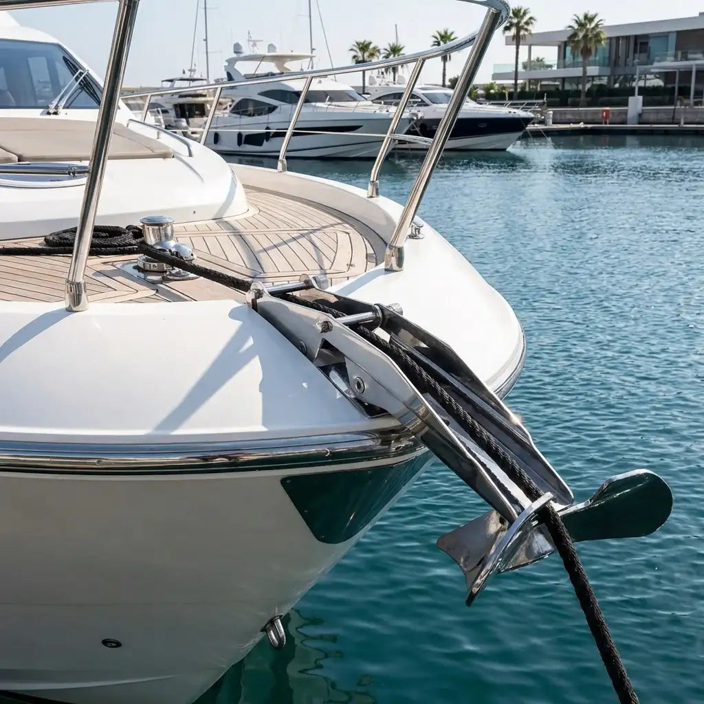 A yacht at a marina showing the hinged double roller guiding an anchor and rope system over the bow into the water.