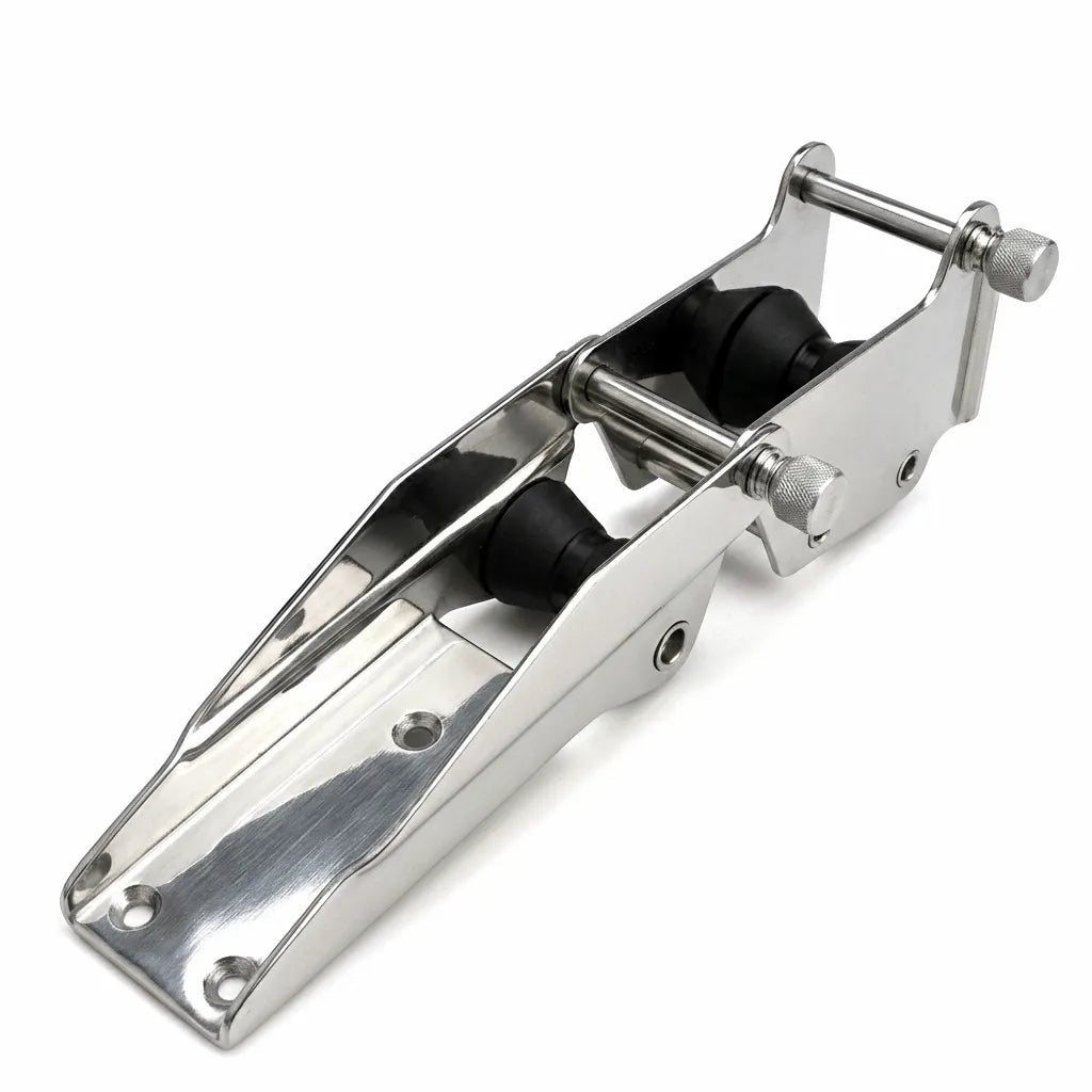 Hero shot of a 330mm heavy-duty hinged double anchor bow roller made from mirror-polished 316 stainless steel on a white background.