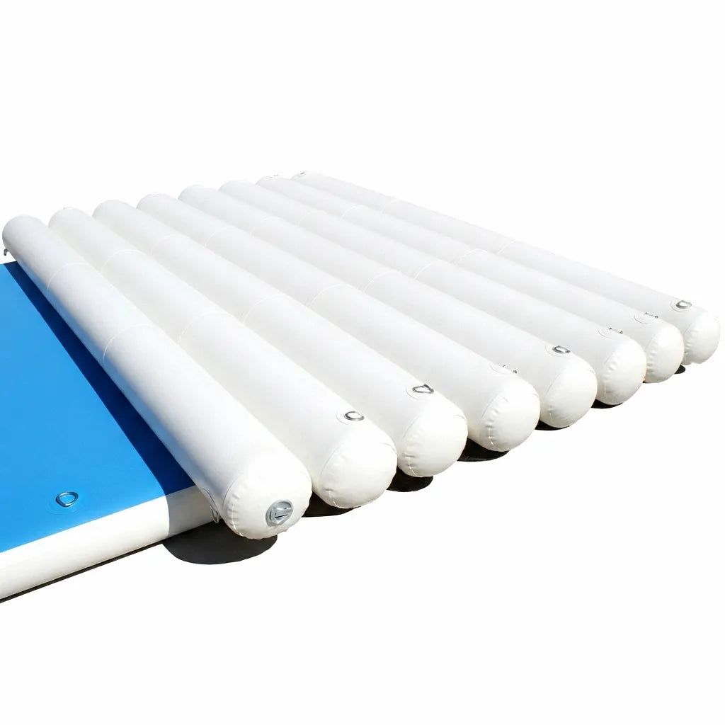 AirowMarine inflatable white PVC multi-tube boat fender bumper mat layout on a white background with blue deck attachment details.