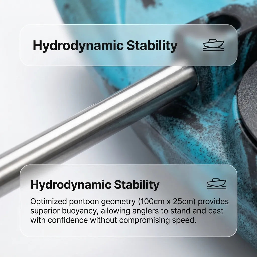 Close-up detail of the mirror-polished alloy arm connecting to the rotationally molded LLDPE pontoon.