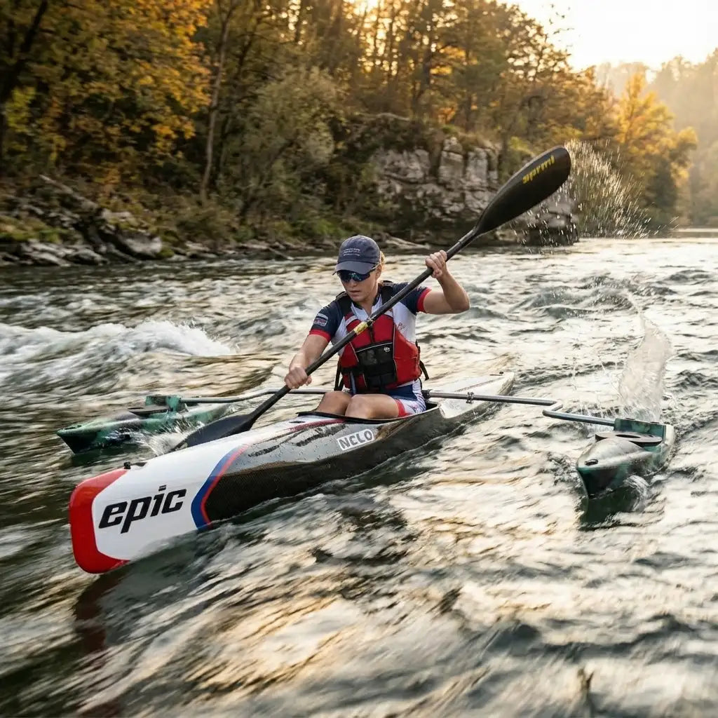 Professional paddler in an Epic racing kayak utilizing the stabilizer system in moving river water for enhanced balance.