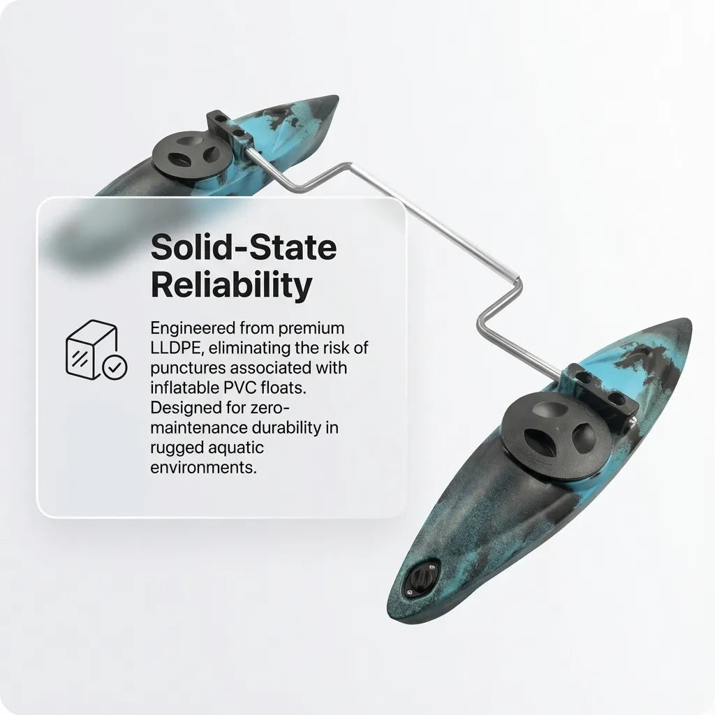 Infographic explaining the zero-maintenance benefits of solid LLDPE versus inflatable PVC floats.