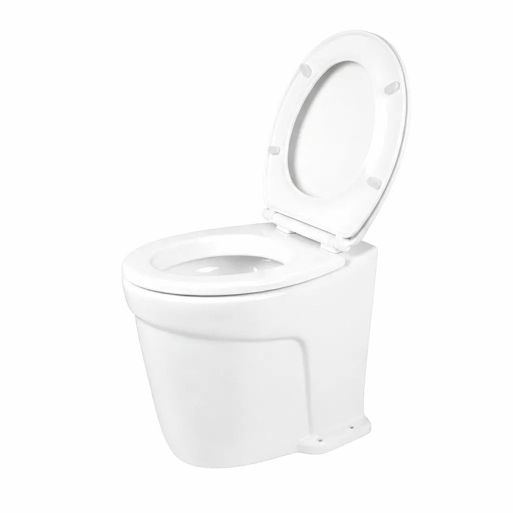 AirowMarine white compact self-priming ceramic marine toilet with soft-close seat and lid, designed for luxury yachts and speedboats