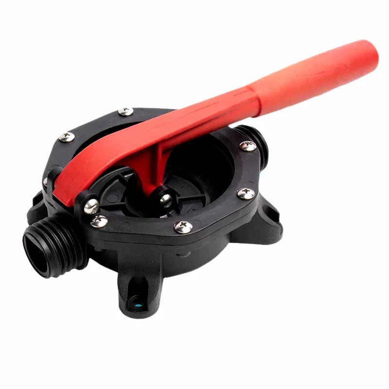 Close-up view of a black marine diaphragm hand bilge pump with a red ergonomic lever, showing its durable polymer housing and stainless steel fasteners against a pure white background. The two hose barb connectors are visible.